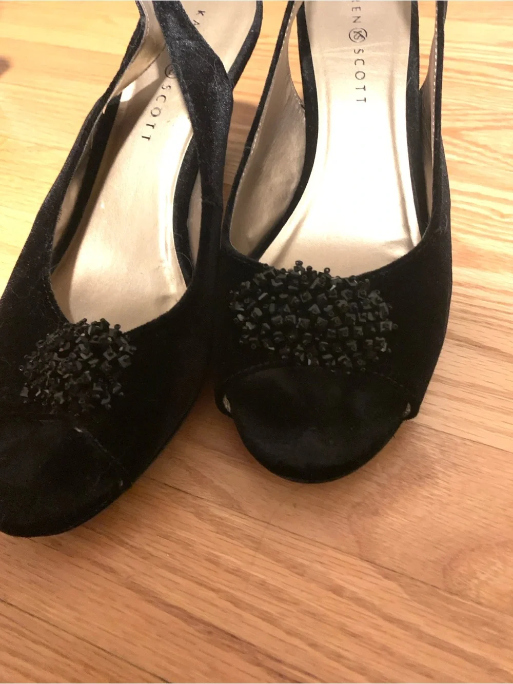 Karen Scott Black Velvet Slingback Peep-Toe Heels with Beaded Cluster